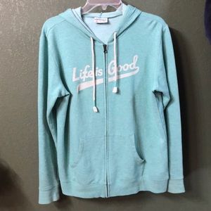 Life Is Good hoodie, mint green.